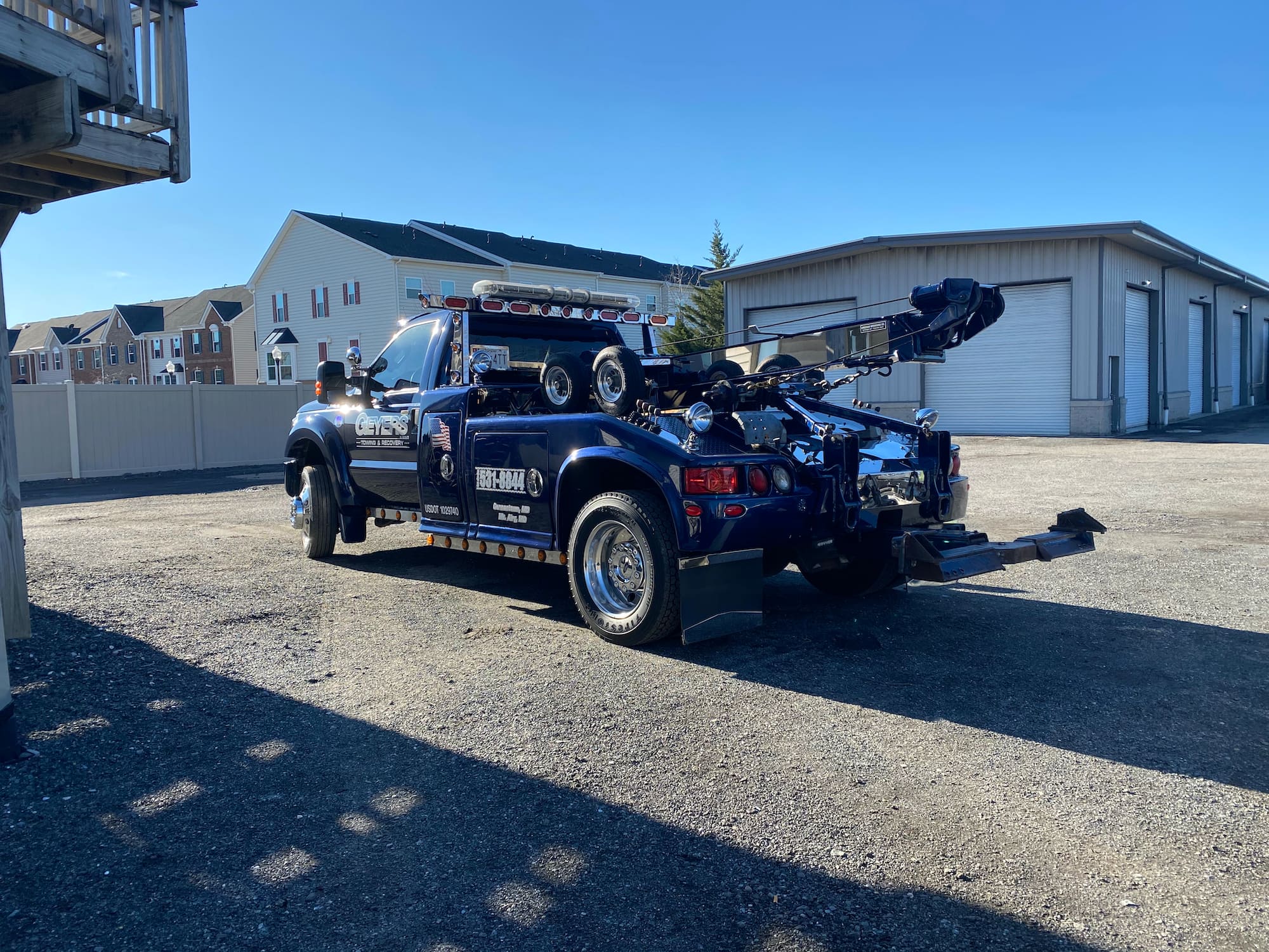Towing Frederick MD | 24/7 Tow Truck & Roadside Help 2 Blue Geyers tow truck ready for a towing call
