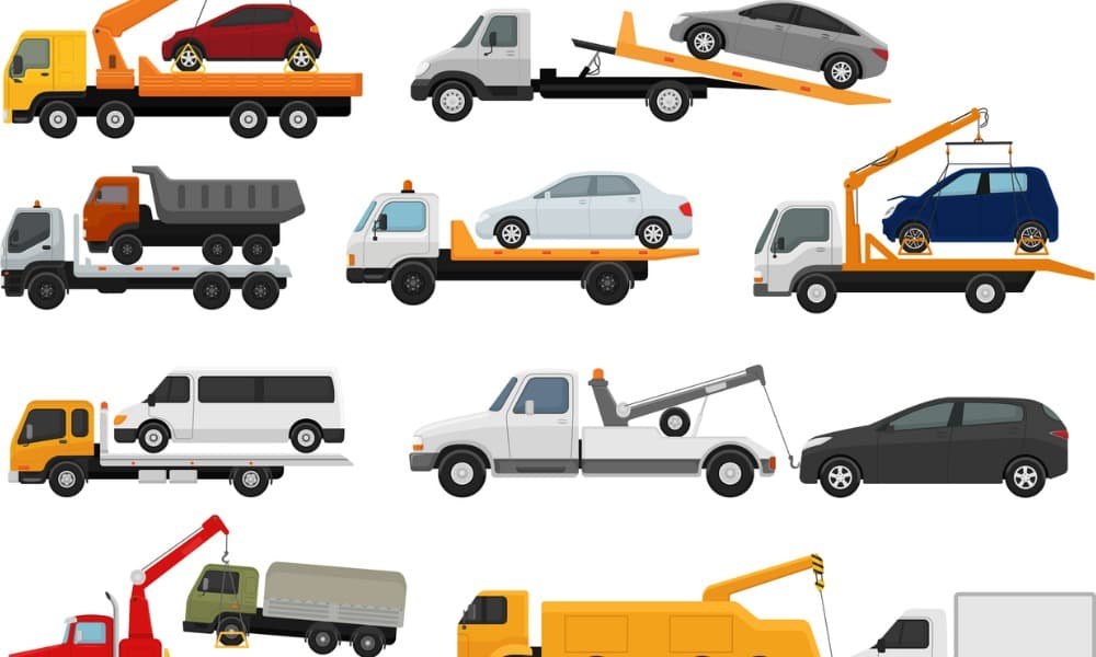 A graphic of many different towing types and kinds of trucks transporting various vehicles.