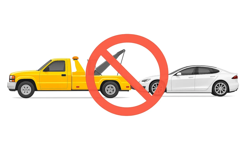Illustration of a yellow tow truck attempting to tow a white Tesla Model S with its front wheels lifted, covered by a red prohibition symbol, indicating unsafe or incorrect towing for electric vehicles.