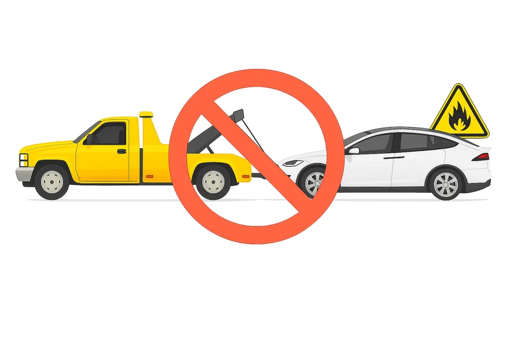 Illustration showing a yellow tow truck attempting to tow a white Tesla Model X by lifting only the front wheels, with a red prohibition sign and fire hazard warning, highlighting the unsafe towing method for electric vehicles.