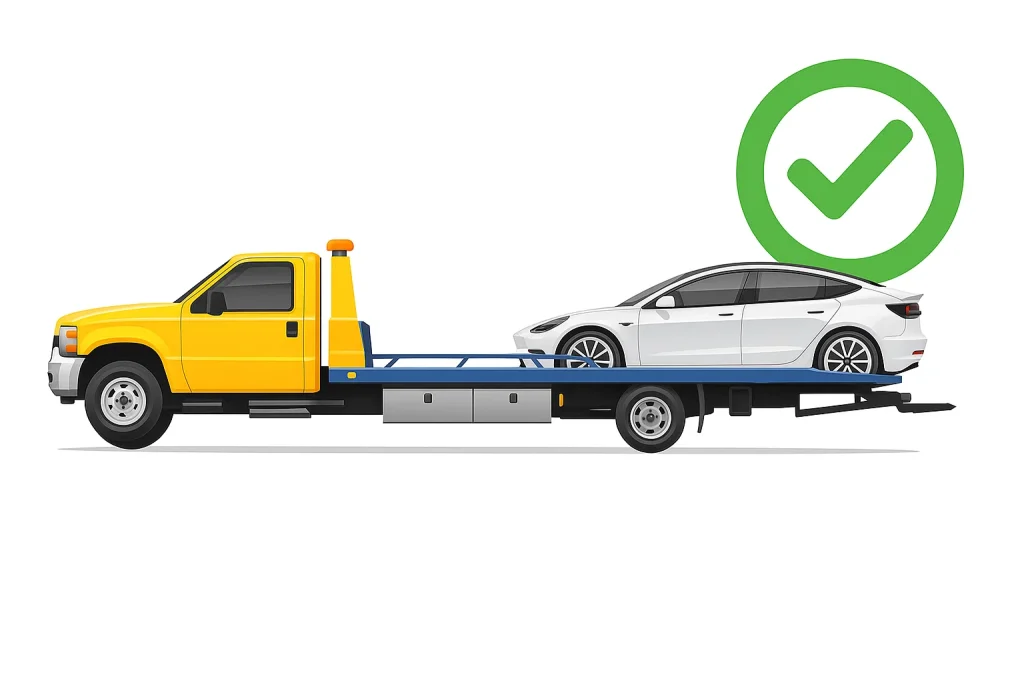 Illustration of a yellow flatbed tow truck properly transporting a white Tesla Model 3 with all four wheels lifted, accompanied by a green checkmark to indicate the correct towing method for electric vehicles.