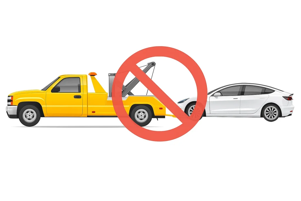 Illustration of a yellow tow truck attempting to tow a white Tesla Model 3, with a large red prohibition symbol overlayed, indicating that this towing method is not allowed for electric vehicles.