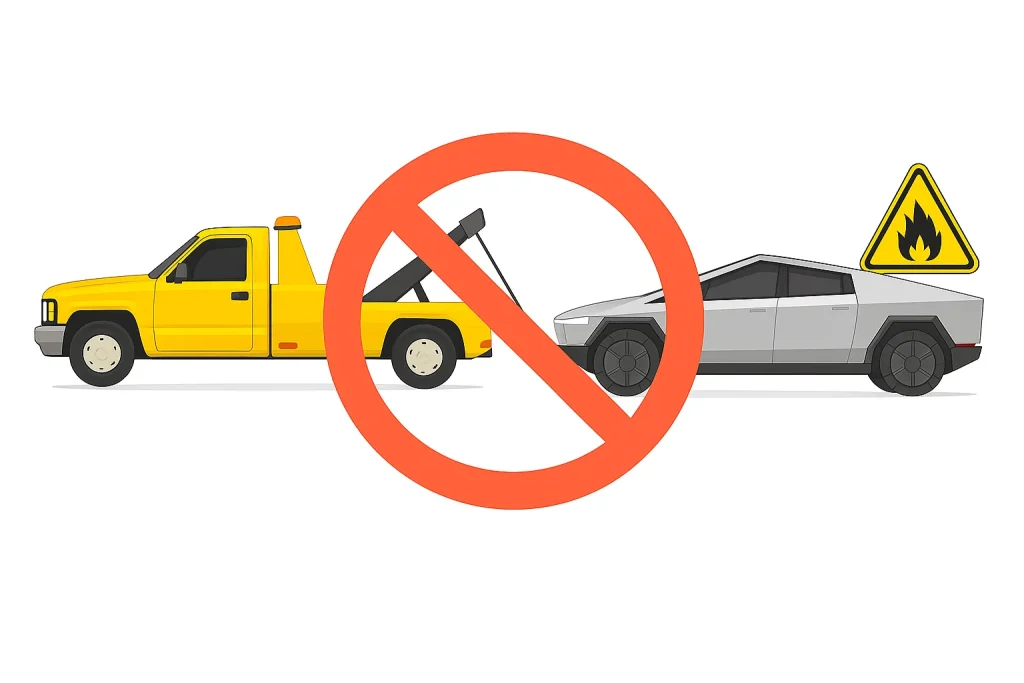 Illustration of a yellow tow truck attempting to tow a silver Tesla Cybertruck with only its front wheels lifted, shown with a red prohibition symbol and a fire hazard warning sign, indicating this is an unsafe towing method.