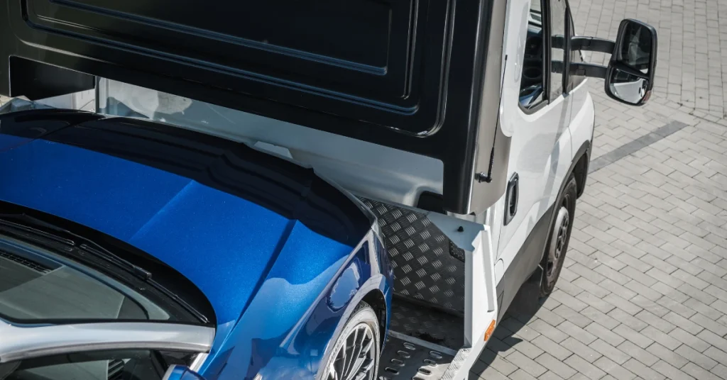 A blue car securely loaded in an enclosed transport trailer.