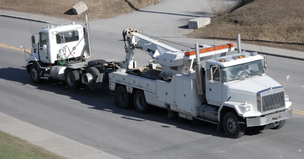 Large tow truck transporting a semi-truck on a highway