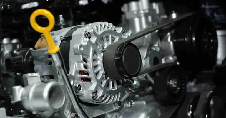 Close-up of a vehicle alternator connected to a serpentine belt system inside a modern car engine compartment
