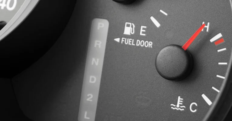 Vehicle dashboard showing fuel indicator, fuel door direction icon, and temperature gauge needle pointing to high, suggesting engine overheating or warning status
