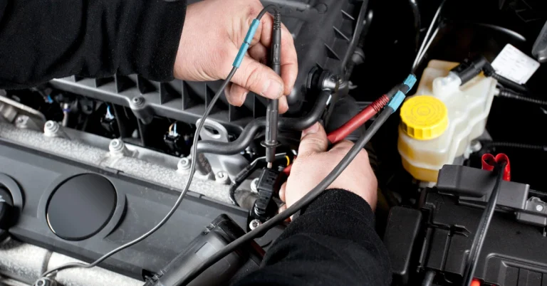 Mechanic using multimeter probes to test ignition system components and wiring in a car engine during electrical diagnostics and troubleshooting