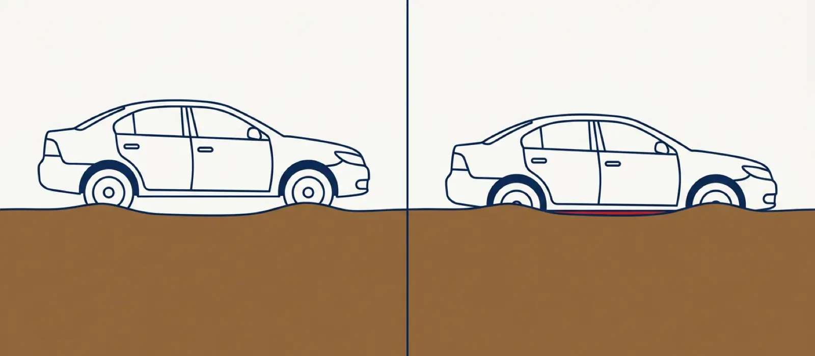 Two cars in mud: one with a gap under the body, one with the body resting on the mud.